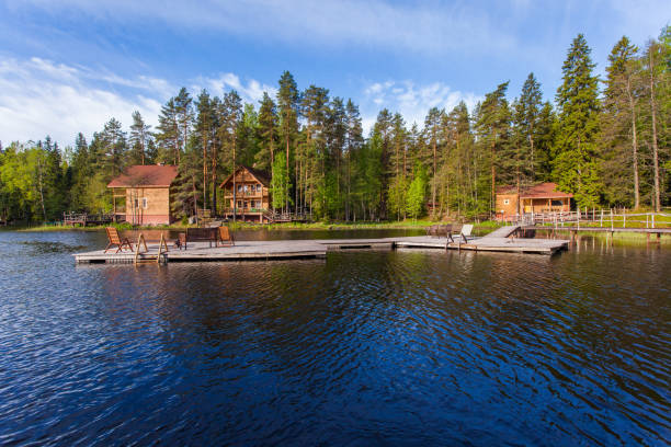 istock Wooden bathing bridges in the lake 825722586