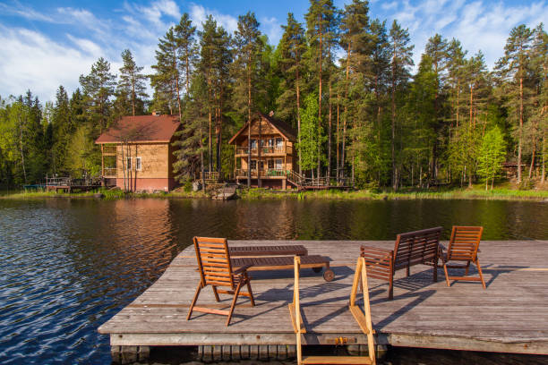 istock Wooden bathing bridges in the lake 825722892