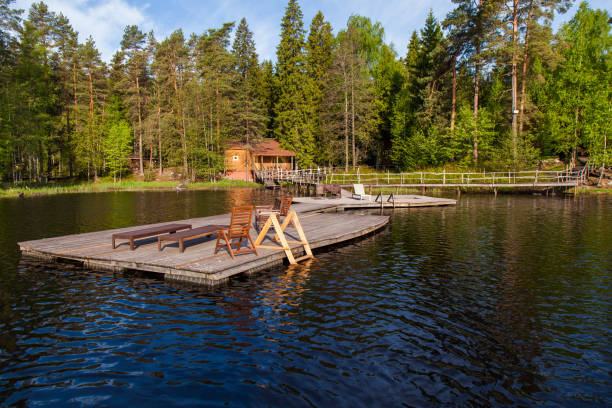 istock Wooden bathing bridges in the lake 825725200