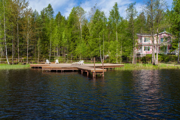 istock Wooden bathing bridges in the lake 825725224