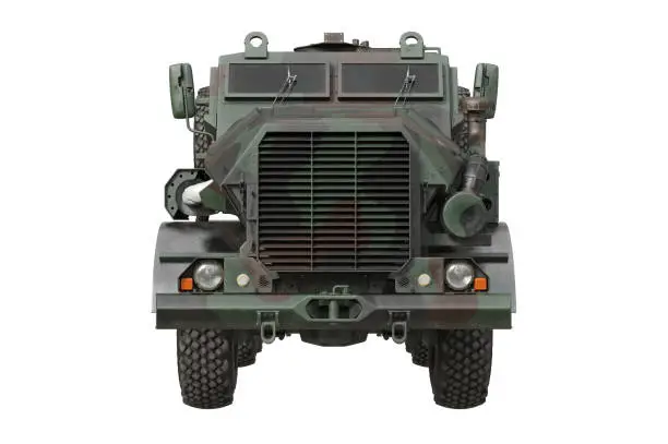 Truck military camouflaged modern transportation car, front view. 3D rendering