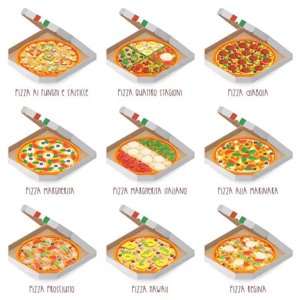 Vector illustration of Set of italian Pizza in boxes. 9 item. Different sorts