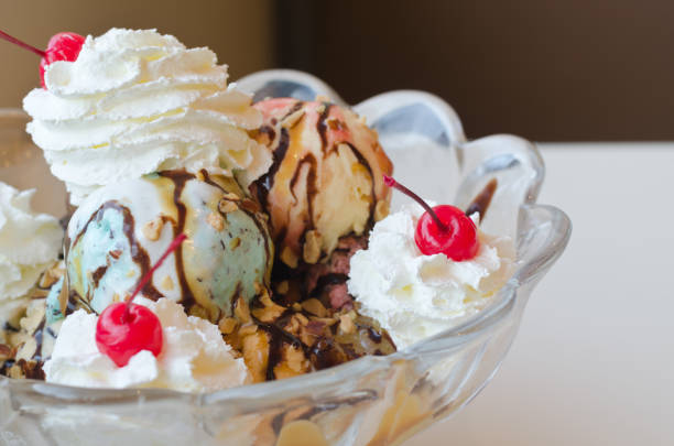 Ice cream sundae in big bowl stock photo