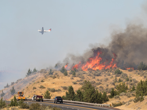 This image shows a wildfire raging through brush and trees near Highway 97, north of Madras, Oregon on 7/25/2017. Vehicle traffic was allowed to continue on the highway. A forest service plane can be seen flying over the fire.