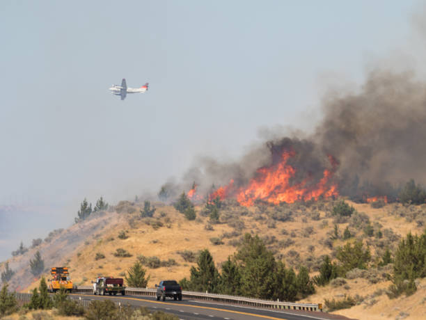Firefighting Plane Over Emerson Wildfire stock photo