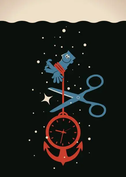 Vector illustration of Businessman (man) sinking (drowning) with a time clock anchor into the dark deep sea, a big scissors cutting the anchor, escape time pressure concept