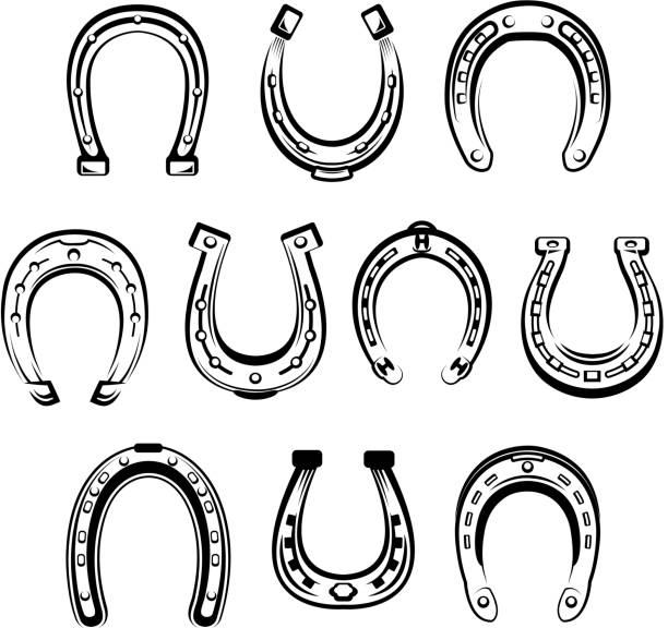 ilustrações, clipart, desenhos animados e ícones de vetor desenho de conjunto de ícones de símbolos de ferradura - horseshoe