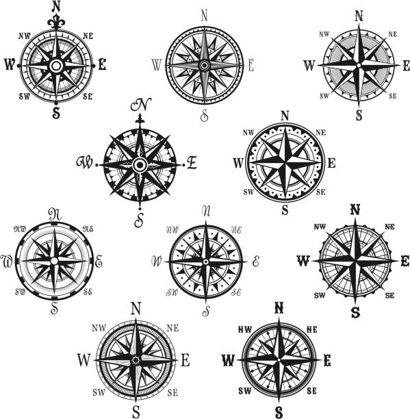 ilustrações, clipart, desenhos animados e ícones de símbolo isolado de rosa dos ventos e compasso vintage conjunto - icon set arrow sign symbol computer icon