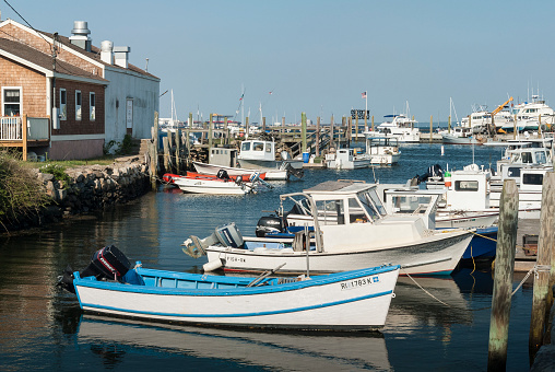 Wickford, Rhode Island, USA - September 3, 2007: Small boats lining waterfront in Wickford Cove