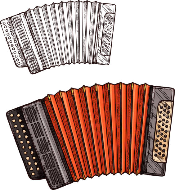 ilustrações, clipart, desenhos animados e ícones de instrumento musical acordeão de vetor esboço - accordion harmonica musical instrument isolated