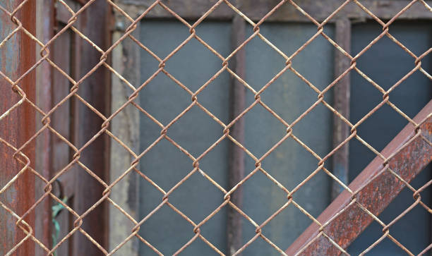 istock Metal wire mesh fence against abandon house background. 825785884
