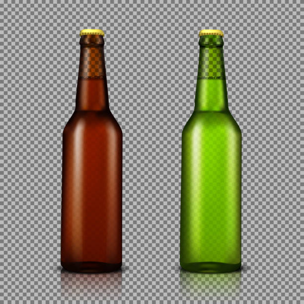 Vector realistic illustration set of transparent glass bottles with drinks, ready for branding Vector realistic illustration set of transparent glass bottles with drinks, ready for branding, without labels. Brown and green bottles for beer, soda, water isolated, with reflection soda bottle stock illustrations