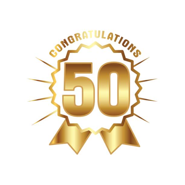Anniversary golden fifty years number Anniversary golden fifty years number. 50th years festive and greeting with sunburst for invitation decor. Flat style vector illustration isolated on white background. Gold badge with ribbon senior birthday card stock illustrations
