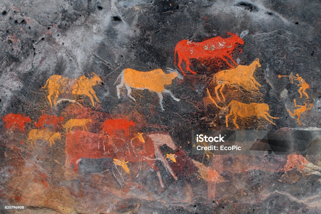 Bushmen (san) rock painting of antelopes Bushmen (san) rock painting of antelopes, South Africa Art Stock Photo