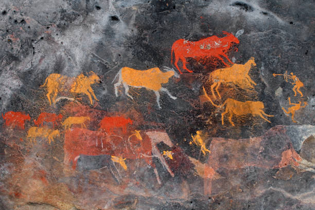 Bushmen (san) rock painting of antelopes stock photo
