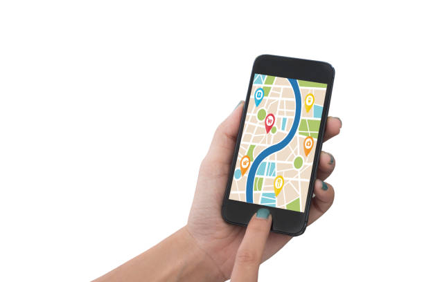 istock hand holding smart phone with map gps navigation application. concept guideline street travel isolated on white background. 825799908