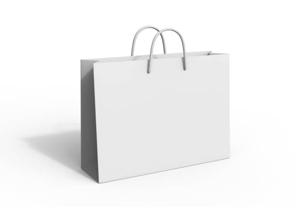 weiße leere shopping papiertüte isoliert auf weißem hintergrund für mock up und template-design. 3d render-illustration. - blank paper bag packaging package stock-fotos und bilder