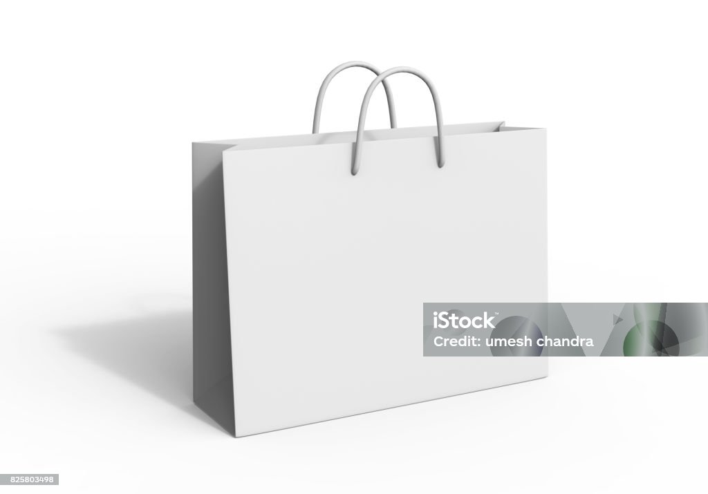 White blank shopping paper bag isolated on white background for mock up and template design. 3d render illustration. White blank shopping paper bag isolated on white background for mock up and template design. Bag Stock Photo