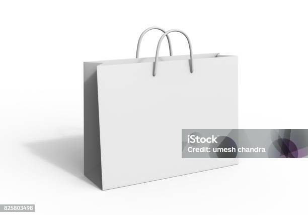 White Blank Shopping Paper Bag Isolated On White Background For Mock Up And Template Design 3d Render Illustration Stock Photo - Download Image Now