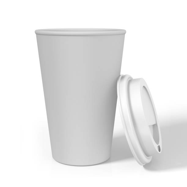 Blank white disposable coffee cup glass with open white lid  for mock up and template design. Blank white disposable coffee cup glass cup disposable cup paper insulation stock pictures, royalty-free photos & images