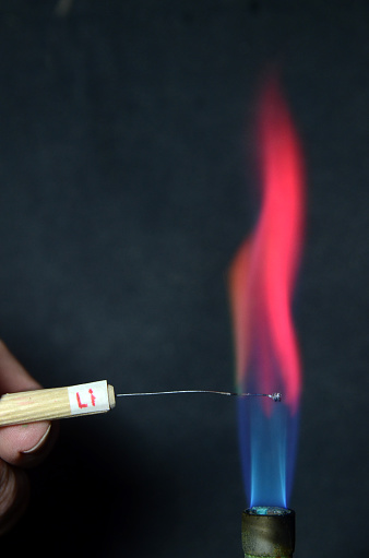 Colored fire caused by an element. Lithium causes a carmine red color.