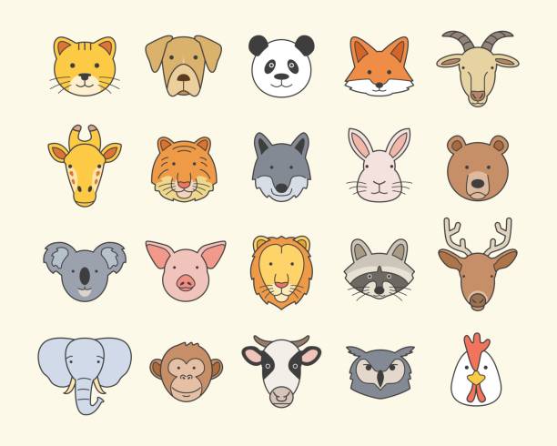 Set of Cute Animal Heads Animal portrait collection cow clipart stock illustrations
