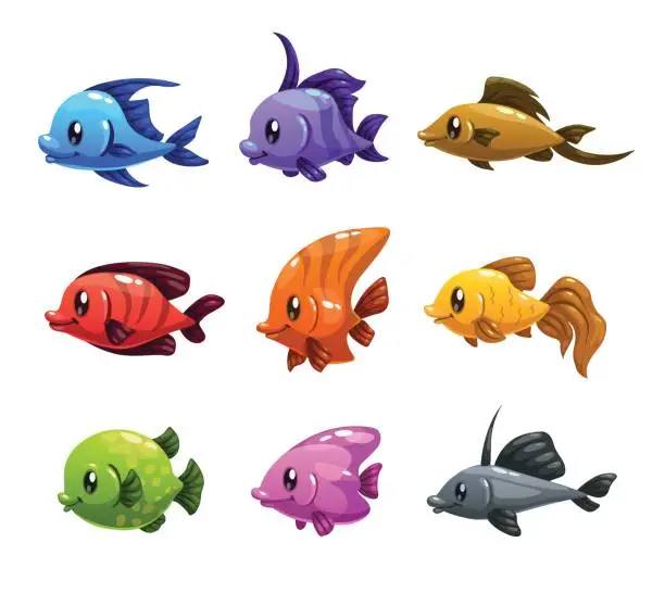 Vector illustration of Cute cartoon colorful fishes set