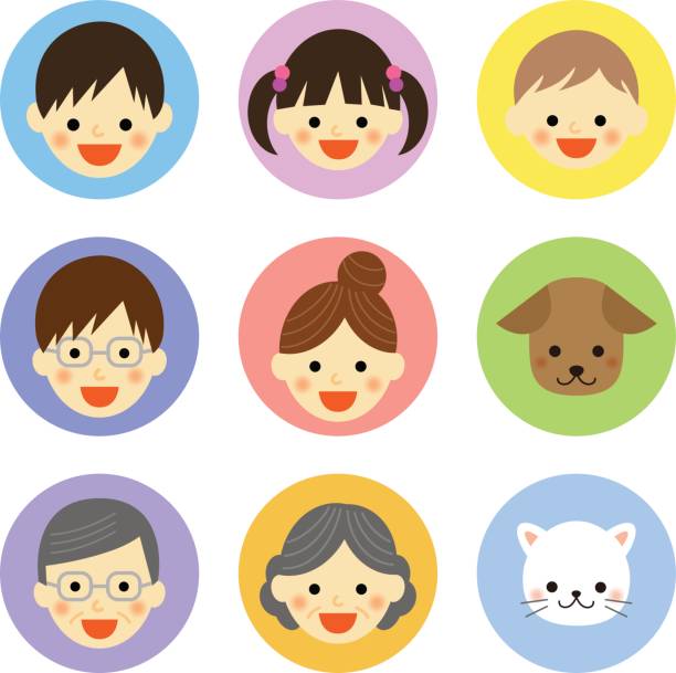 ilustraciones, imágenes clip art, dibujos animados e iconos de stock de conjunto de iconos de mascotas y familia - family pets dog multi generation family