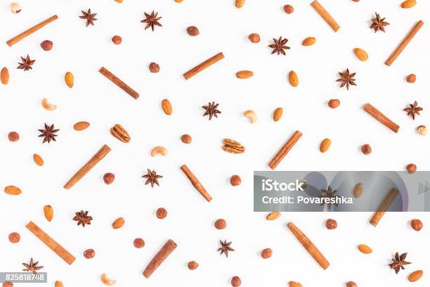 Pattern Made Of Nuts Anise Cinnamon Flat Lay Top View Stock Photo - Download Image Now