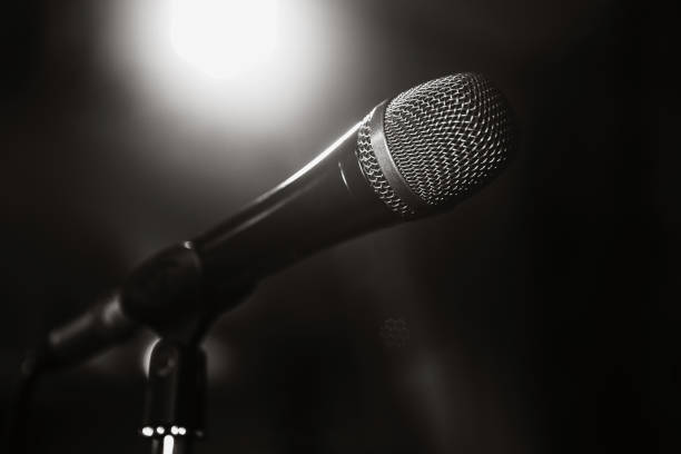 istock Black and white image of the microphone. The microphone on the stage is close-up. A pub. Bar. A restaurant. Classical music. Music 825819020