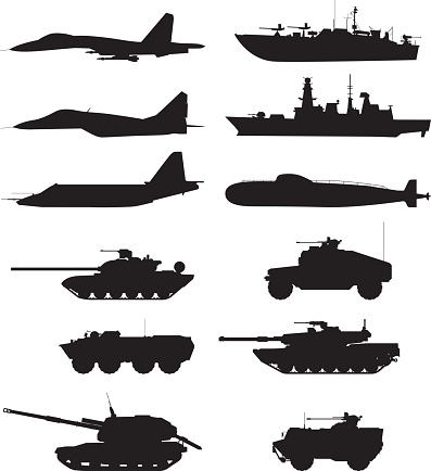 Silhouette of military machines support. Aircraft forces. Army vehicles and warships. Military aircraft and warship, vector illustration