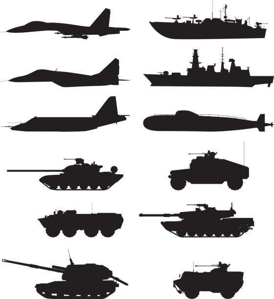 Silhouette of military machines support. Aircraft forces. Army vehicles and warships Silhouette of military machines support. Aircraft forces. Army vehicles and warships. Military aircraft and warship, vector illustration battleship stock illustrations