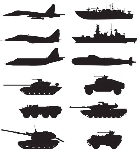 Vector illustration of Silhouette of military machines support. Aircraft forces. Army vehicles and warships