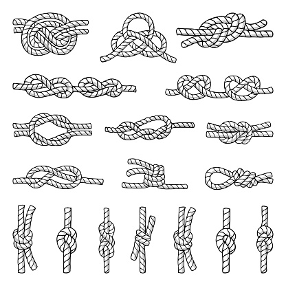 Illustrations of different nautical knots and nodes. Cordage icons set. Hand drawn pictures isolate on white. Marine rope knot, twisted decorative cordage illustration