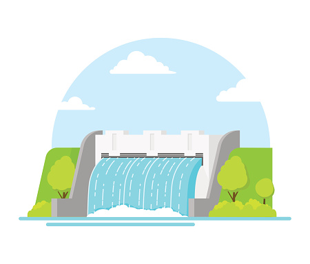 Cartoon Hydroelectric Station River on a Landscape Background Alternative Eco Renewable Resource. Vector illustration