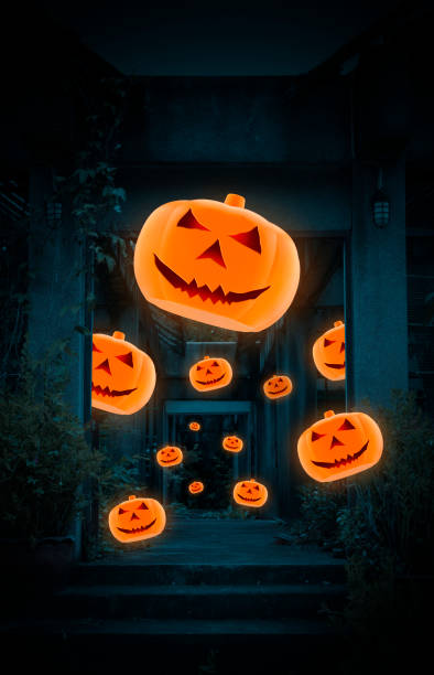 istock Jack O Lantern pumpkin fly over old damaged building 825826726