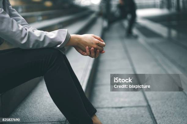 Closeup Hands Of Businesswoman Stressed From Work While Sitting Outdoors On The Stairs Concept Work Life Balance Burn Out Syndrome Press From Colleagues Stock Photo - Download Image Now