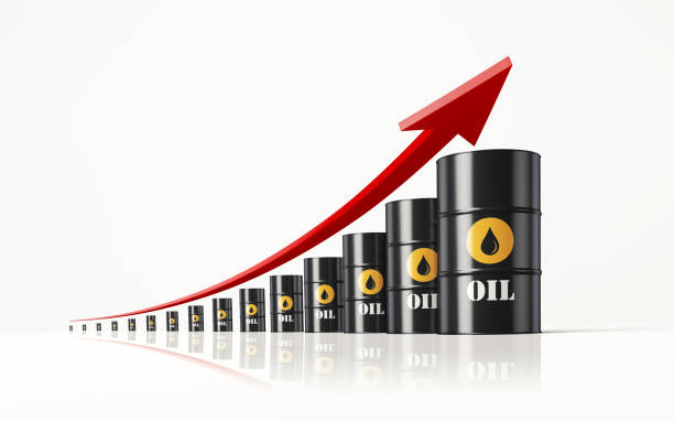 istock Red Arrow and Tiny Oil Barrels Demonstrating Growth in Supply and Demand 825831092