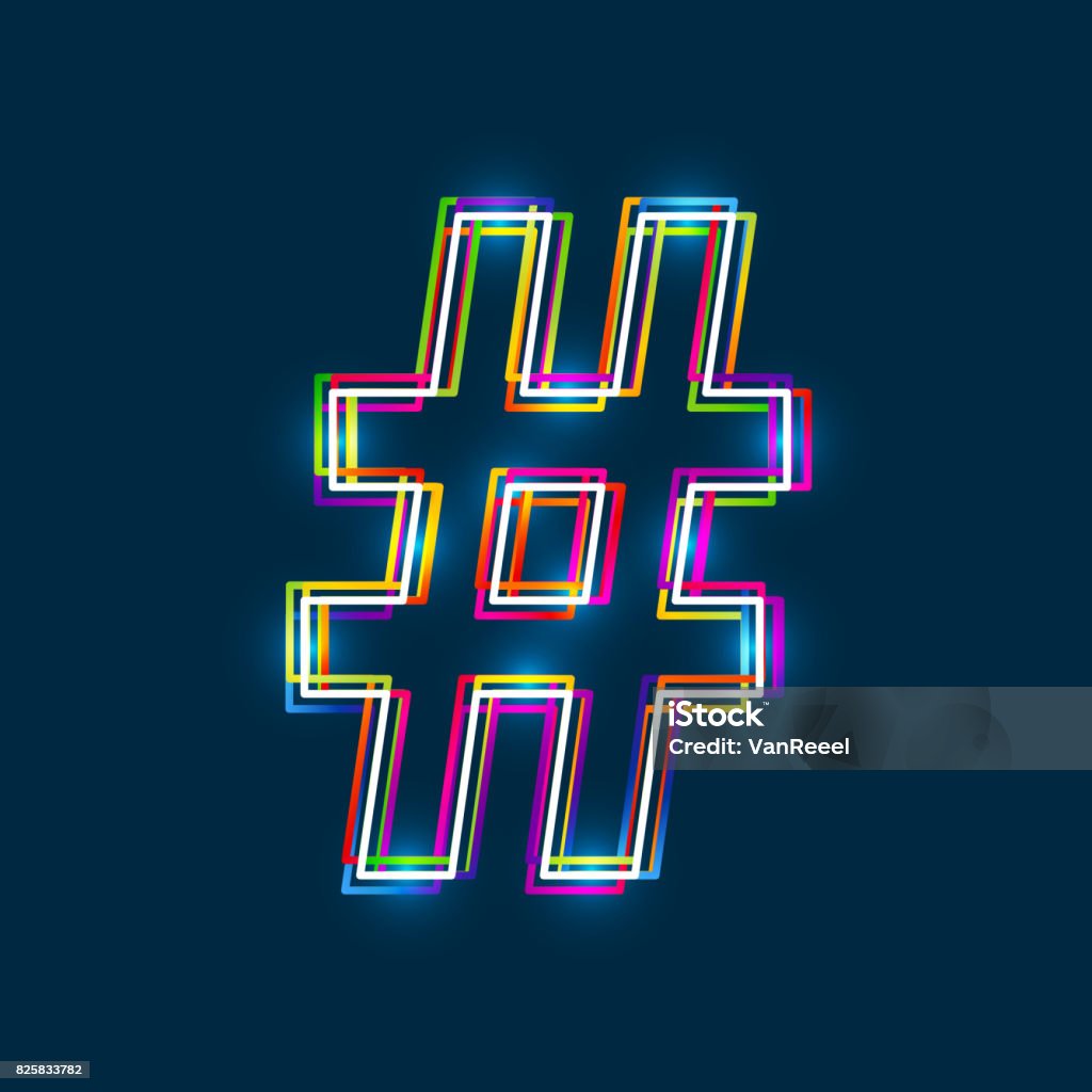 Printable Hashtag Number Sign Hashtag Number Sign Vector Multicolored Outline Font With Glowing ...