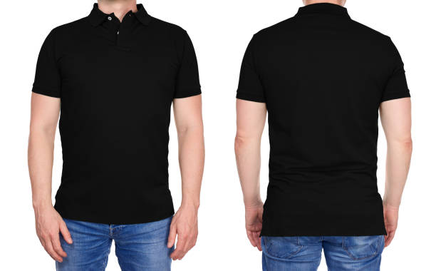 Man in blank black polo shirt front and rear T-shirt design - young man in blank black polo shirt front and rear isolated polo shirt stock pictures, royalty-free photos & images