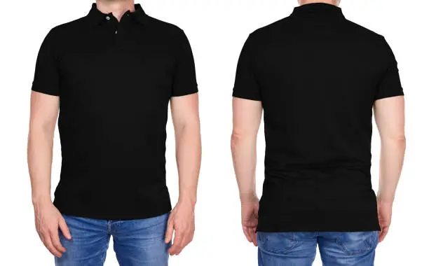 T-shirt design - young man in blank black polo shirt front and rear isolated