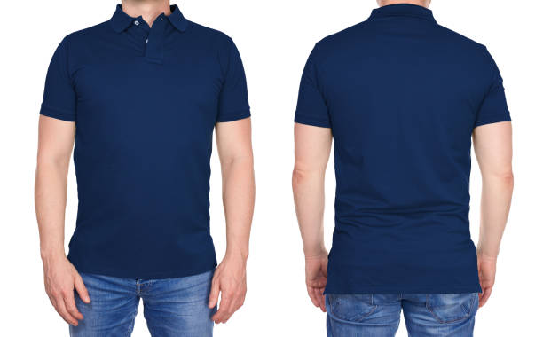 hombre de camisa de polo azul oscurezca en blanco de la parte delantera y trasera - polo shirt fotografías e imágenes de stock