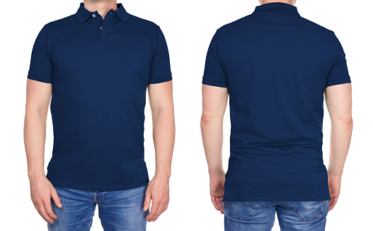 Man in blank dark blue polo shirt from front and rear
