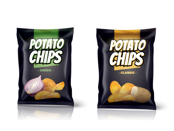 Potato chips package design Potato chips package design, foil bags isolated on white background in 3d illustration potato chip stock illustrations