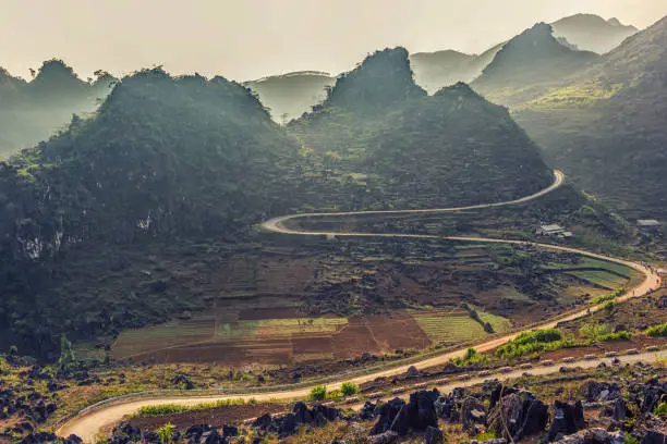 Curvy road through mountain in Hagiang province, Vietnam