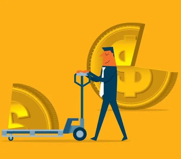 Vector illustration of Businessman takes away part of coin shaped pie on cart