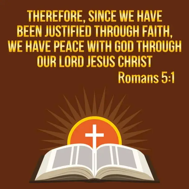 Vector illustration of Christian motivational quote. Bible verse. Cross and shining sun - resurrection concept, symbols.