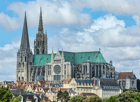 View at the bell towers and part of the church of the Catholic Maria Laach Abbey near Glees in Germany. The abbey dates back to the year1100 and is now a monastery of the Benedictine Confederation.