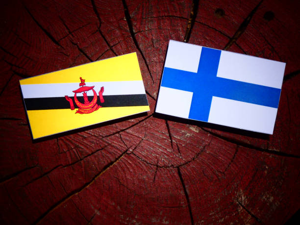 istock Brunei flag with Finnish flag on a tree stump isolated 825853378