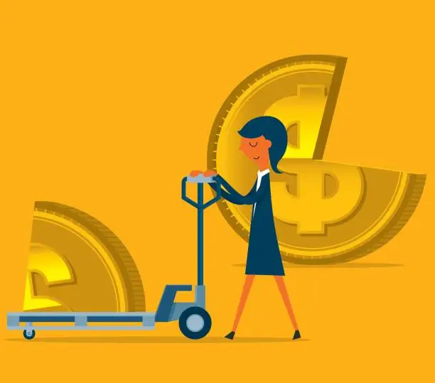Vector illustration of Businesswoman takes away part of coin shaped pie on cart
